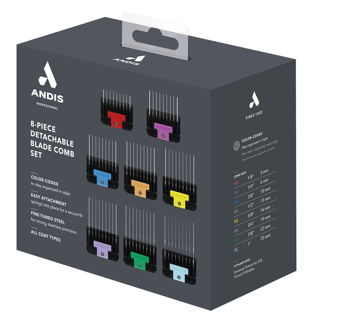 Andis 8pc Spring-Loaded Color-Coated Stainless-Steel Set Sizes: 1/8", 1/4", 3/8", 1/2", 5/8", 3/4", 7/8", 1" - VBL