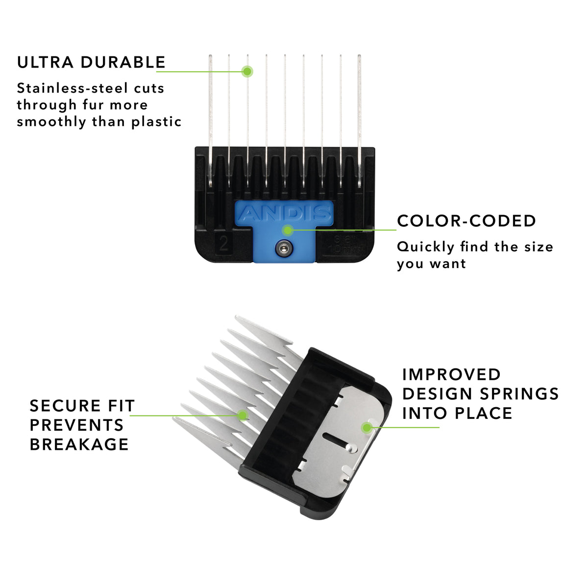 Andis 8pc Spring-Loaded Color-Coated Stainless-Steel Set Sizes: 1/8", 1/4", 3/8", 1/2", 5/8", 3/4", 7/8", 1" - VBL