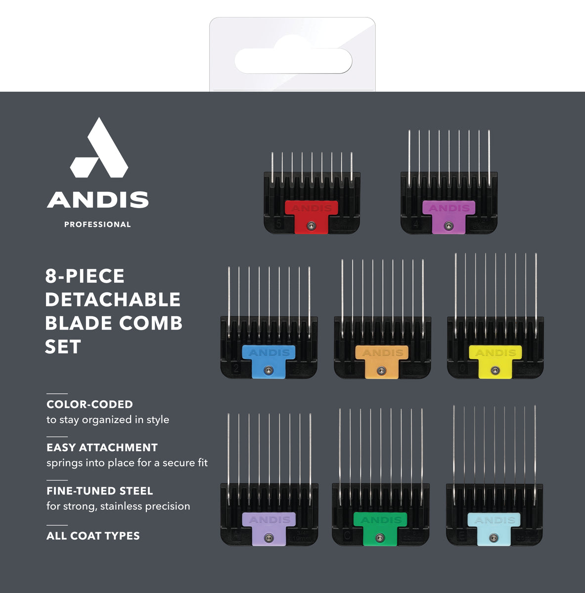 Andis 8pc Spring-Loaded Color-Coated Stainless-Steel Set Sizes: 1/8", 1/4", 3/8", 1/2", 5/8", 3/4", 7/8", 1" - VBL