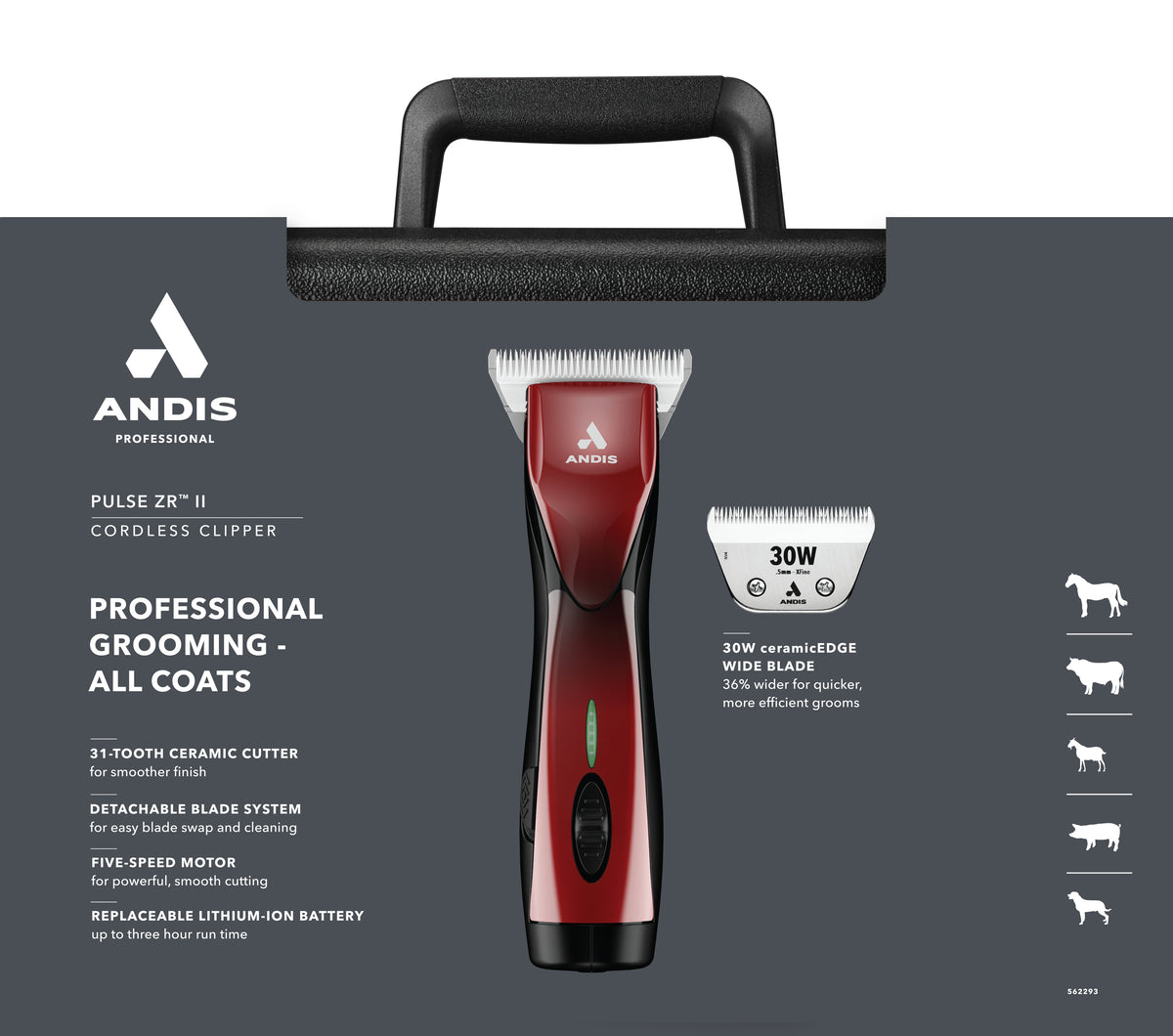 Andis DBLC-2-Pulse ZRA® II 5-Speed Cordless Detachable Blade w/CE 30W Wide Blade - Red