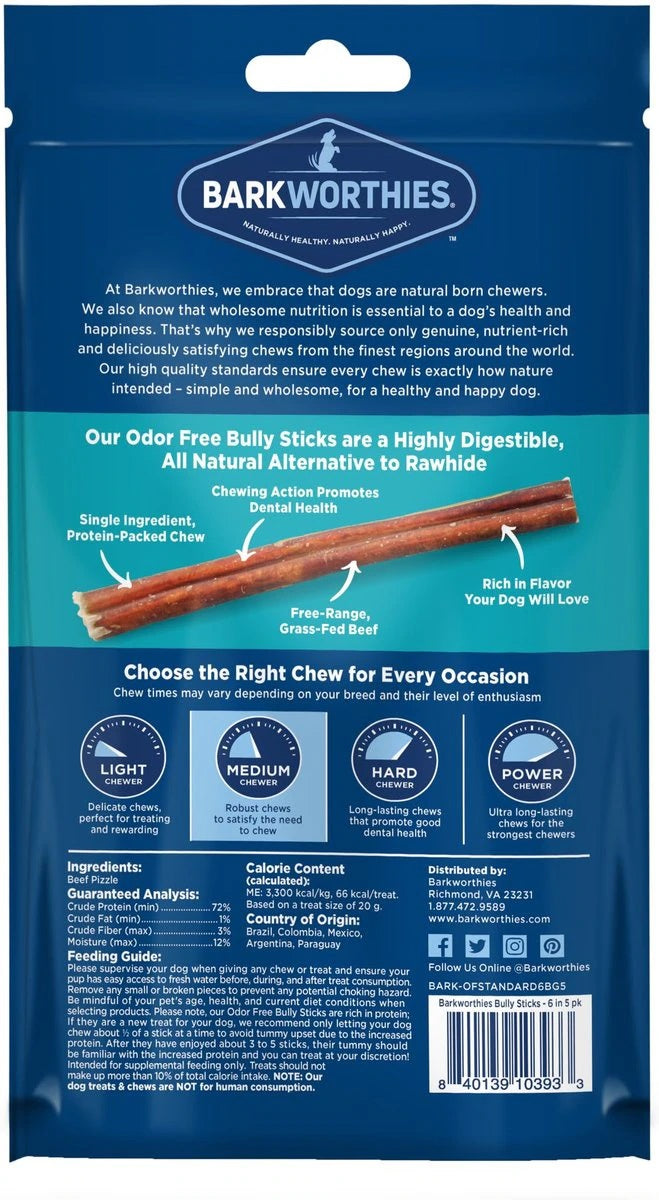 Barkworthies Bully Stick - Odor Free - 6'' (5-Pack SURP)