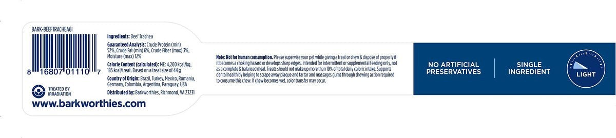 Barkworthies Beef Trachea - 6'' (Case 12)