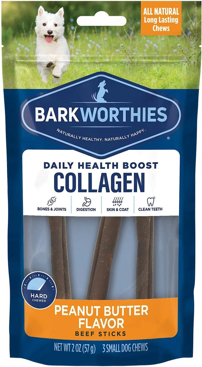 Barkworthies Collagen Beef Sticks Peanut Butter Flavor 6" 3 Pack