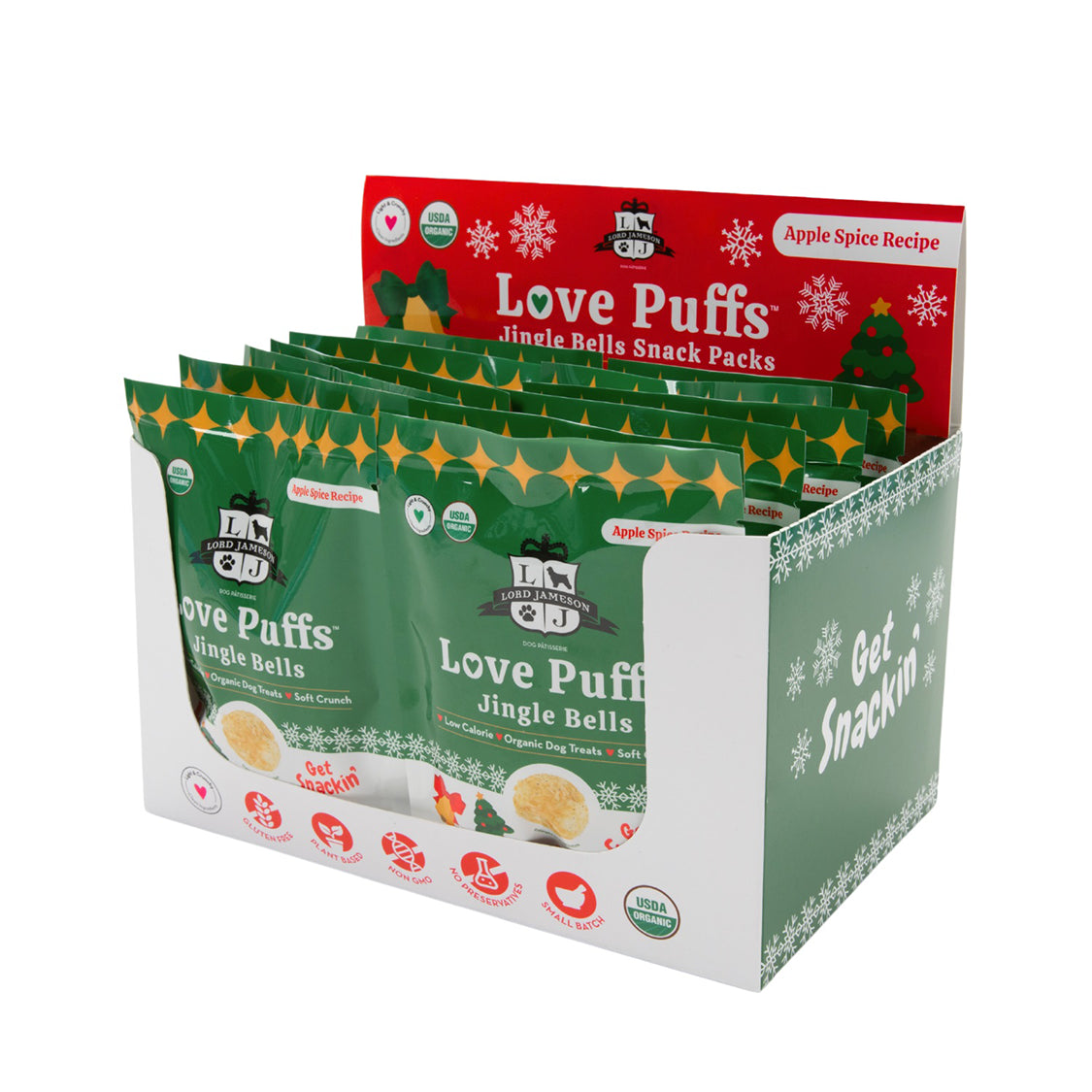 Lord Jameson Love Puffs Jingle Bells 12 ct Grab-n-Go Snack Pack W/ Display Tray .4oz