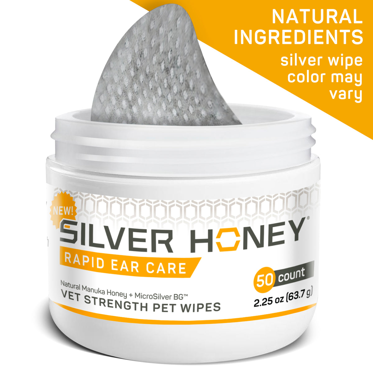 Absorbine Pet - Silver Honey Rapid Ear Care Vet Strength Pet Wipes, 50ct, Manuka Honey & MicroSilver BG