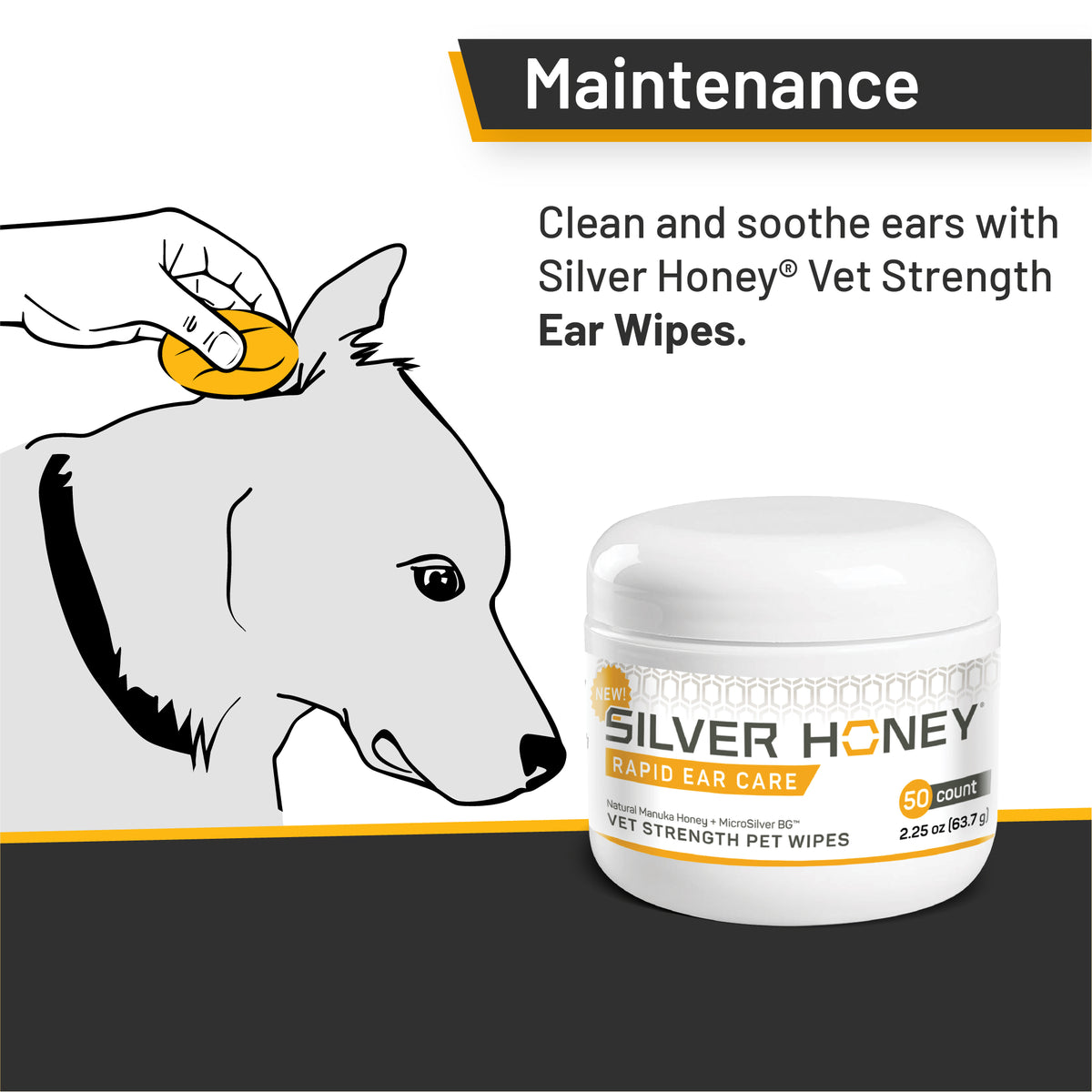 Absorbine Pet - Silver Honey Rapid Ear Care Vet Strength Pet Wipes, 50ct, Manuka Honey & MicroSilver BG
