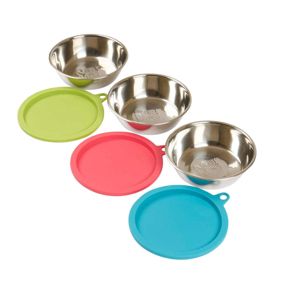 Messy Mutts Bowl w/Lid (Green, Blue, Watermelon) 3 Medium Bowls & Lids (1.5 Cups) 6pc Box Set