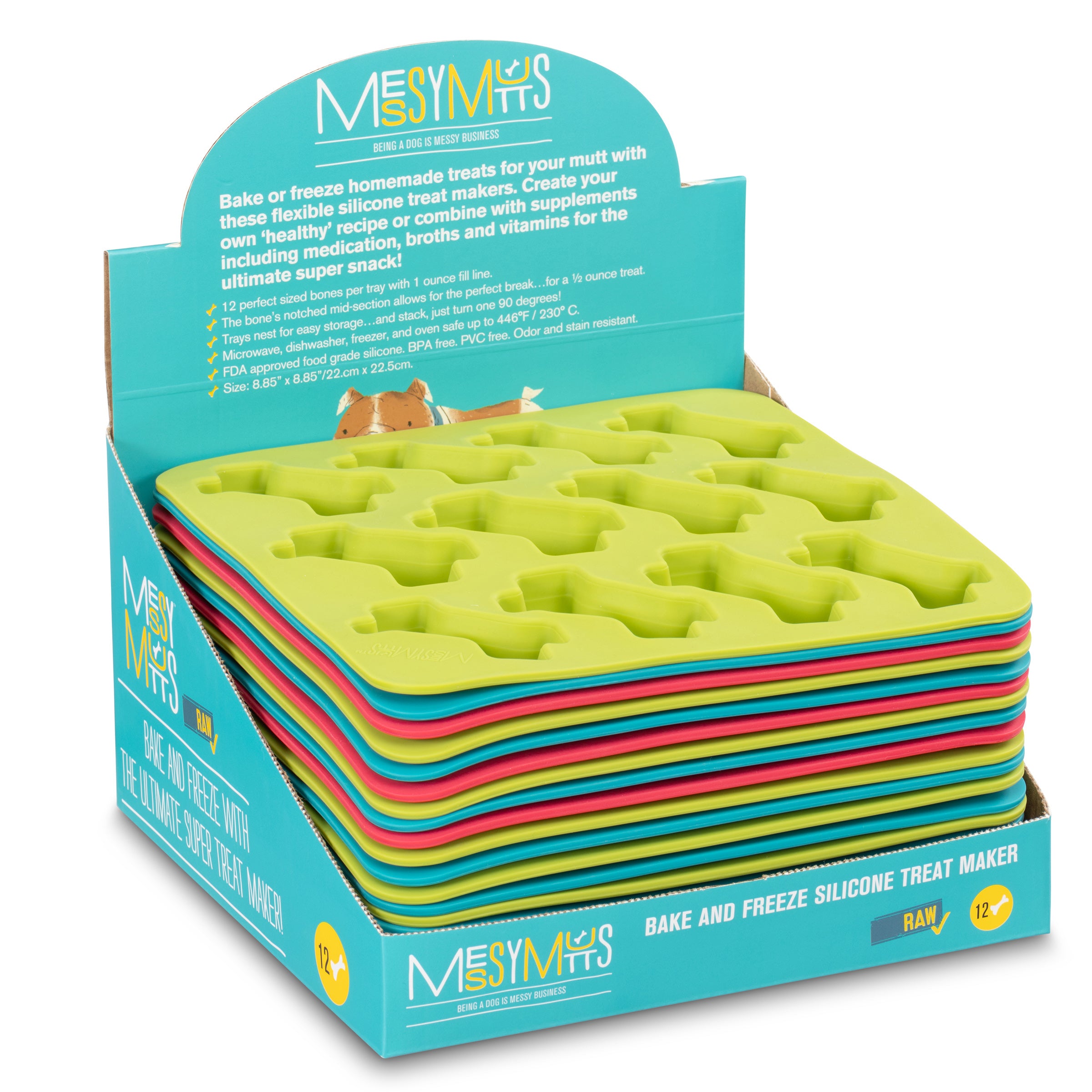 Messy Mutts Silicone Bake & Freeze Dog Treat Making Molds Bone Shape Display Assorted 20ct 9" x 9"