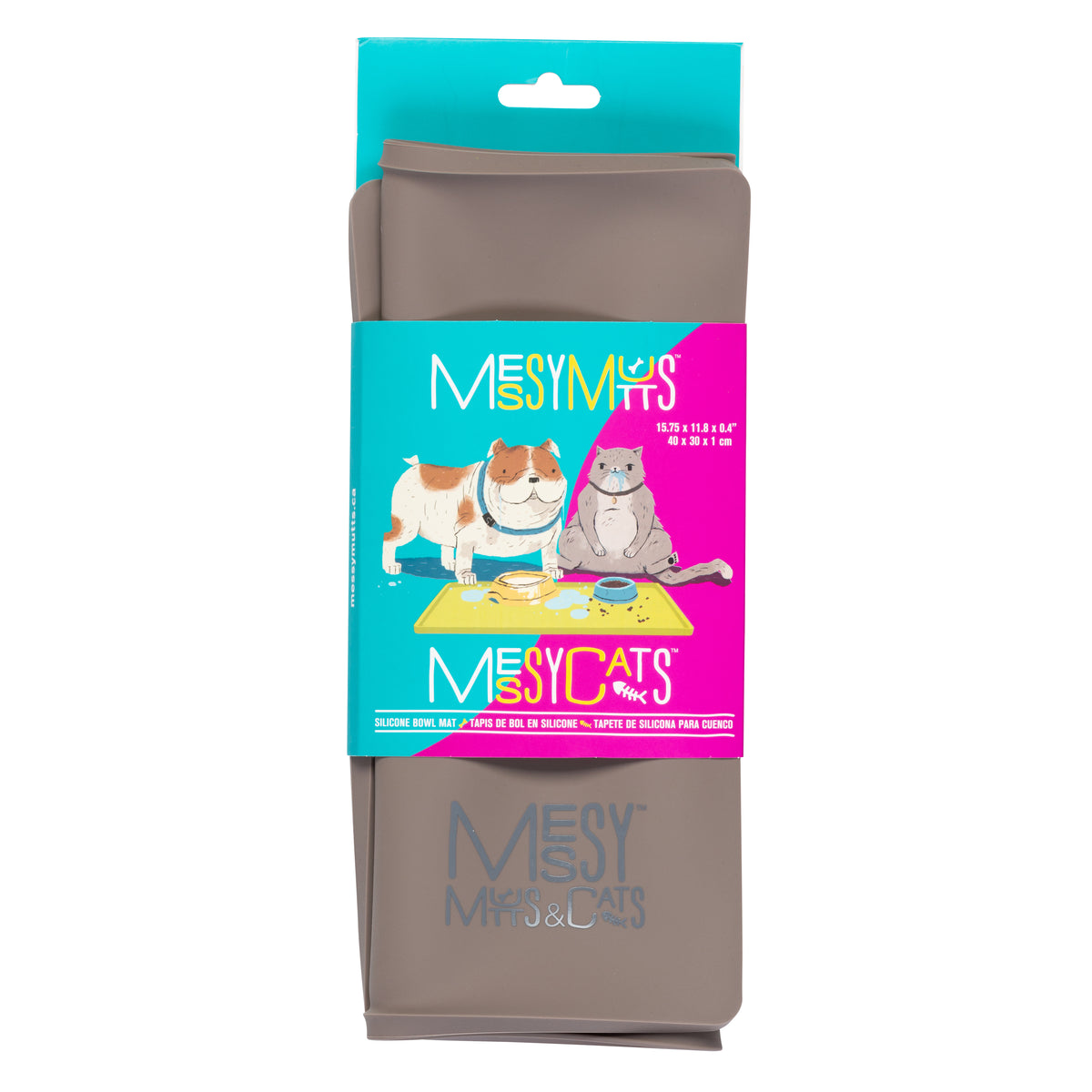 Messy Mutts & Cats Silicone Non-Slip Pet Bowl Mat with Raised Edge, Small, Folded Pkg, 16" x 12", Grey
