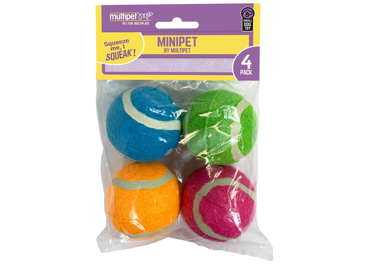 Multipet Minipet Squeaky Tennis Balls Dog Toy Assorted Colors 4pk 2.5"