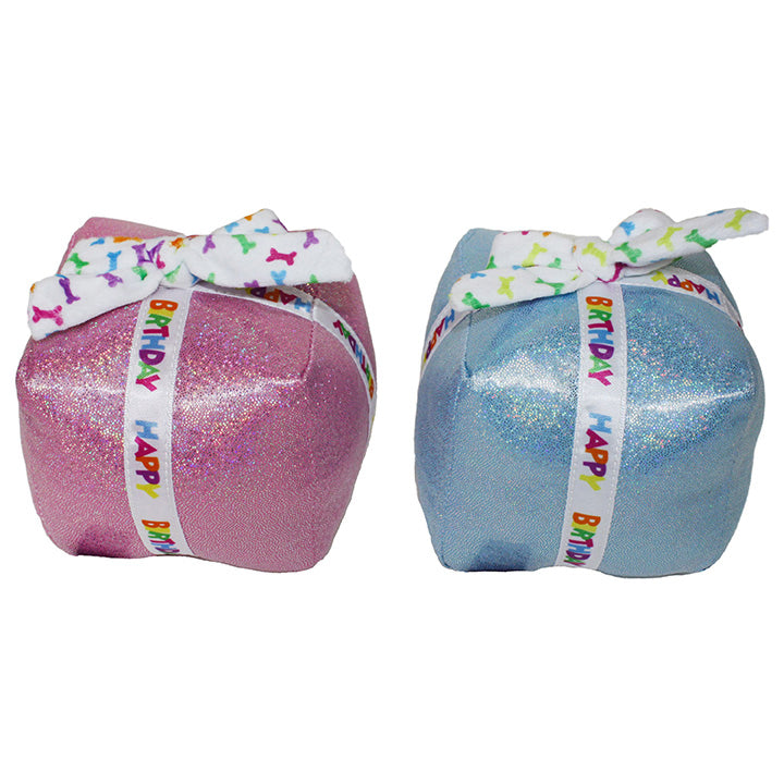 Multipet Birthday Present Plush Dog Toy Assorted Colors Metallic Blue / Pink 3.5"
