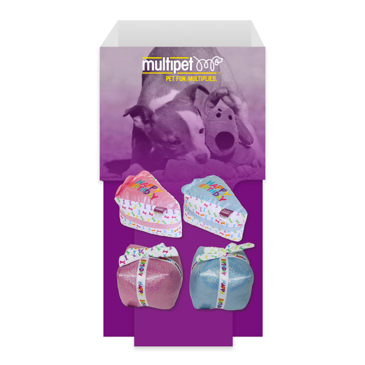 Multipet Birthday 48pc Dump Bin, Multipet Birthday Cake and Present toys, blue and pink