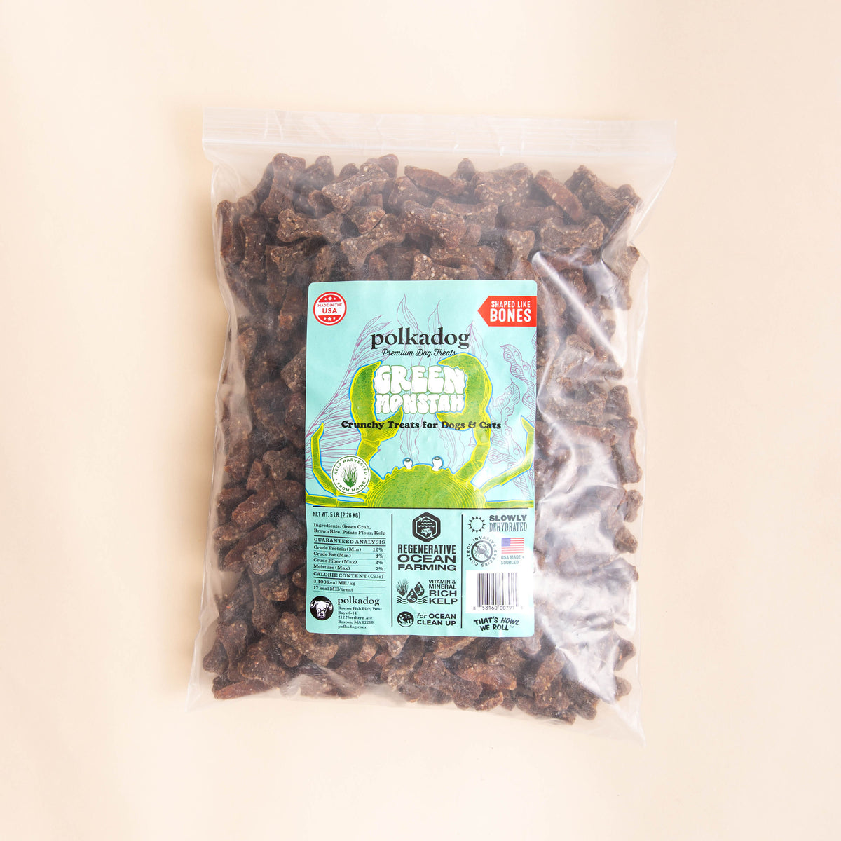 Polkadog Green Monstah Bone Shaped Crunchy Dog and Cat Treats Bulk 5lb