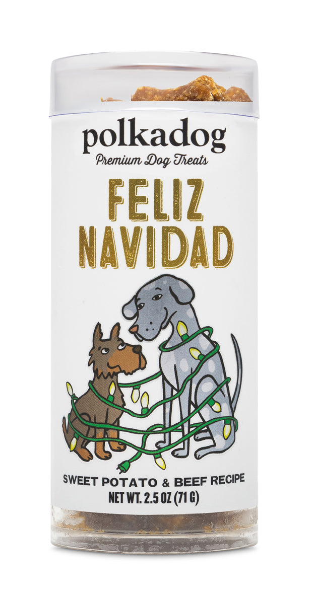 Polkadog Holiday Mini Tube: Feliz Navidad, Sweet Potato and Beef Dog Treat 2.5oz