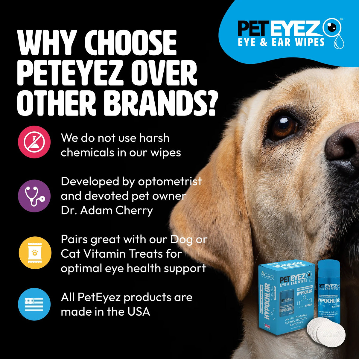 Pet Eyez Eye and Ear Wipes with Hypochlor 60ct