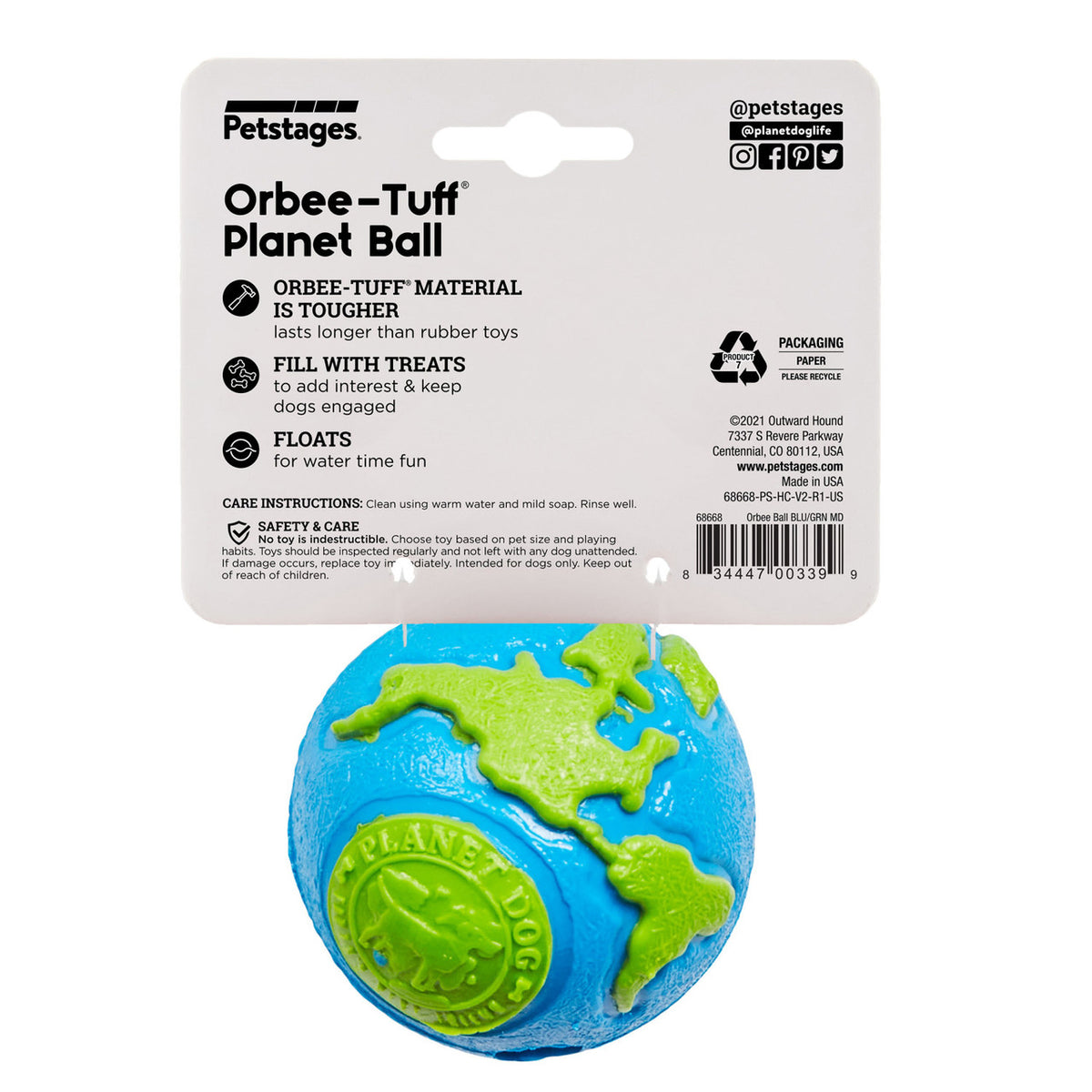 Planet Dog Orbee-Tuff Planet Ball Treat-Dispensing Dog Toy Blue/Green Medium