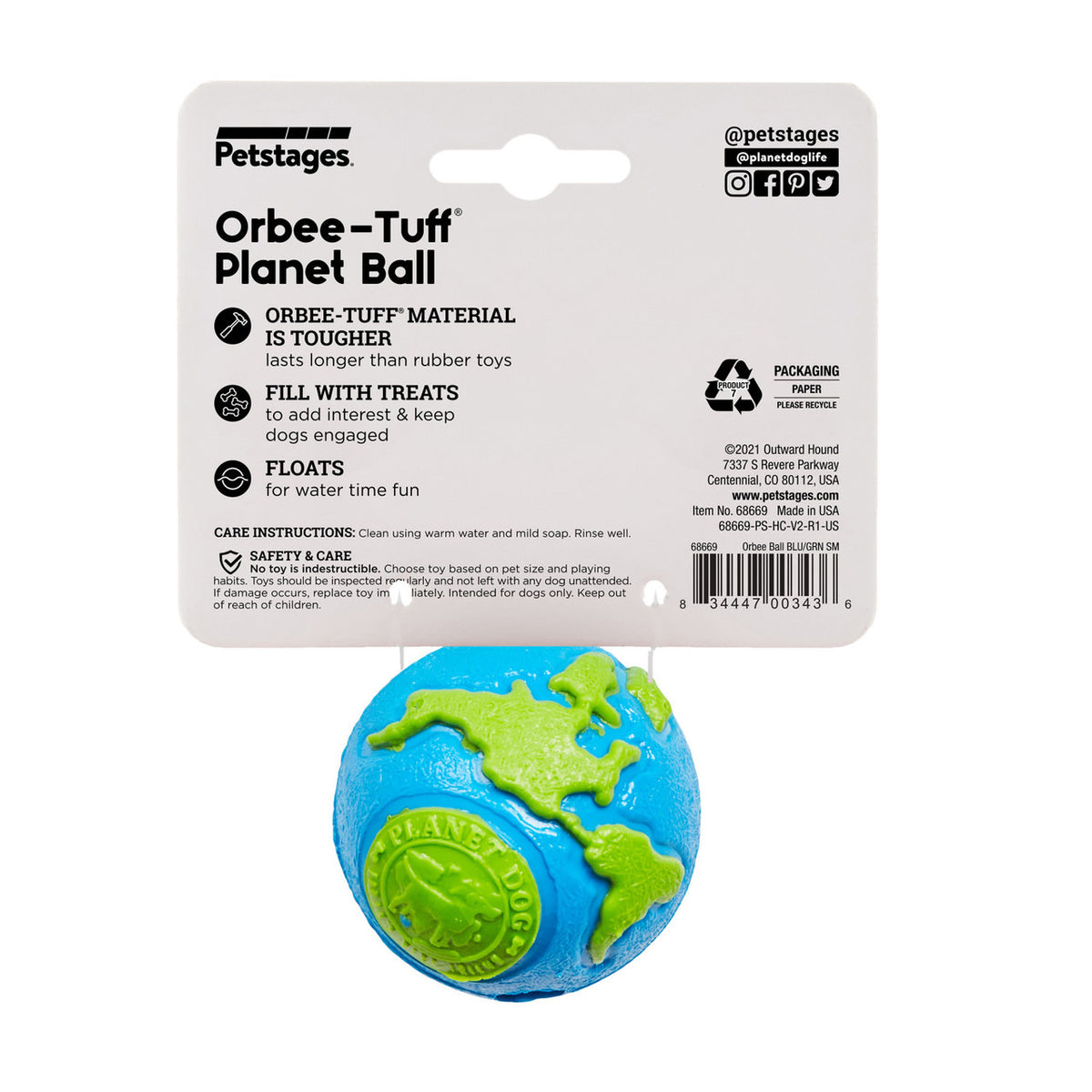 Planet Dog Orbee-Tuff Planet Ball Treat-Dispensing Dog Toy Blue/Green Small
