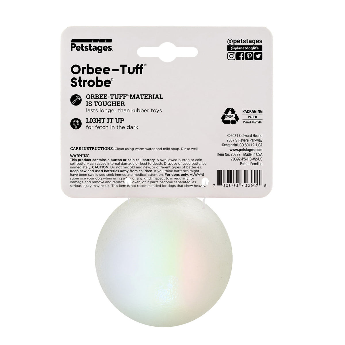 Planet Dog Orbee-Tuff Strobe Ball Light Up Dog Toy White