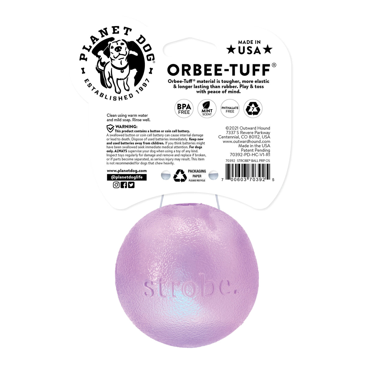 Planet Dog Orbee-Tuff Strobe Ball Light Up Dog Toy Purple
