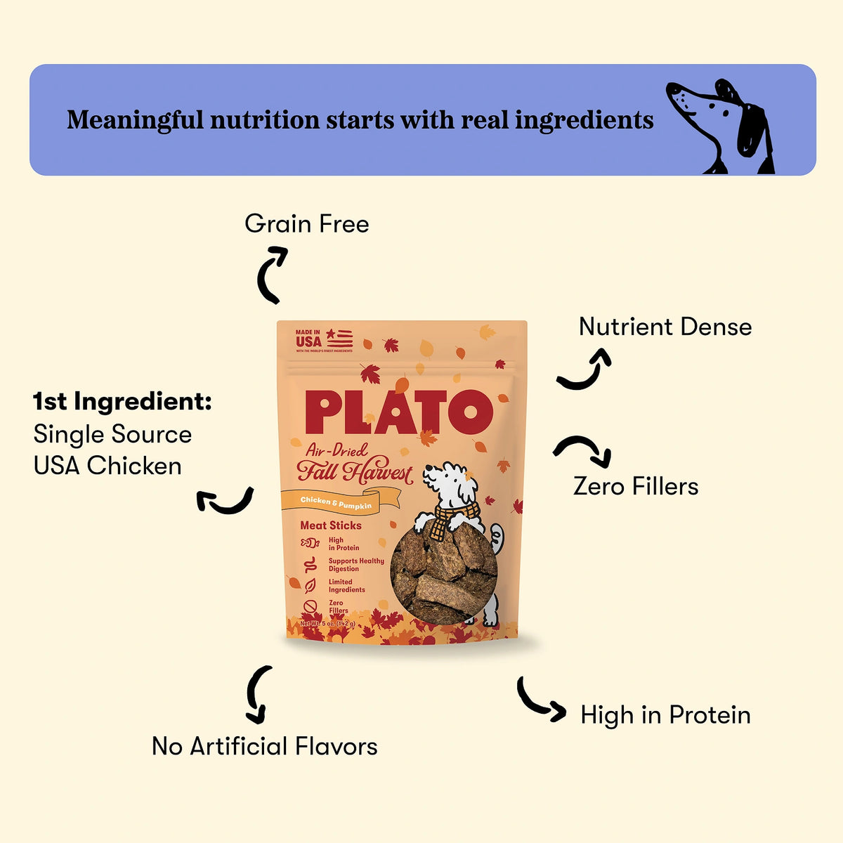 Plato Fall Harvest Chicken & Pumpkin Sticks Dog Treat 5oz
