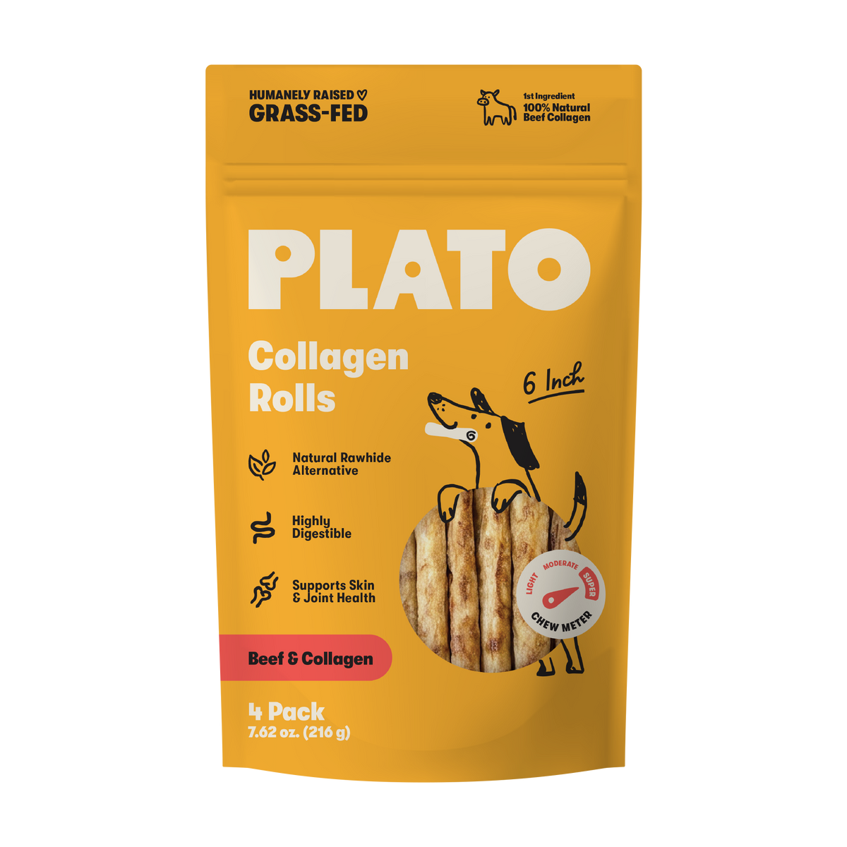 Plato 6 Inch Collagen Rolls Beef 4 Pk