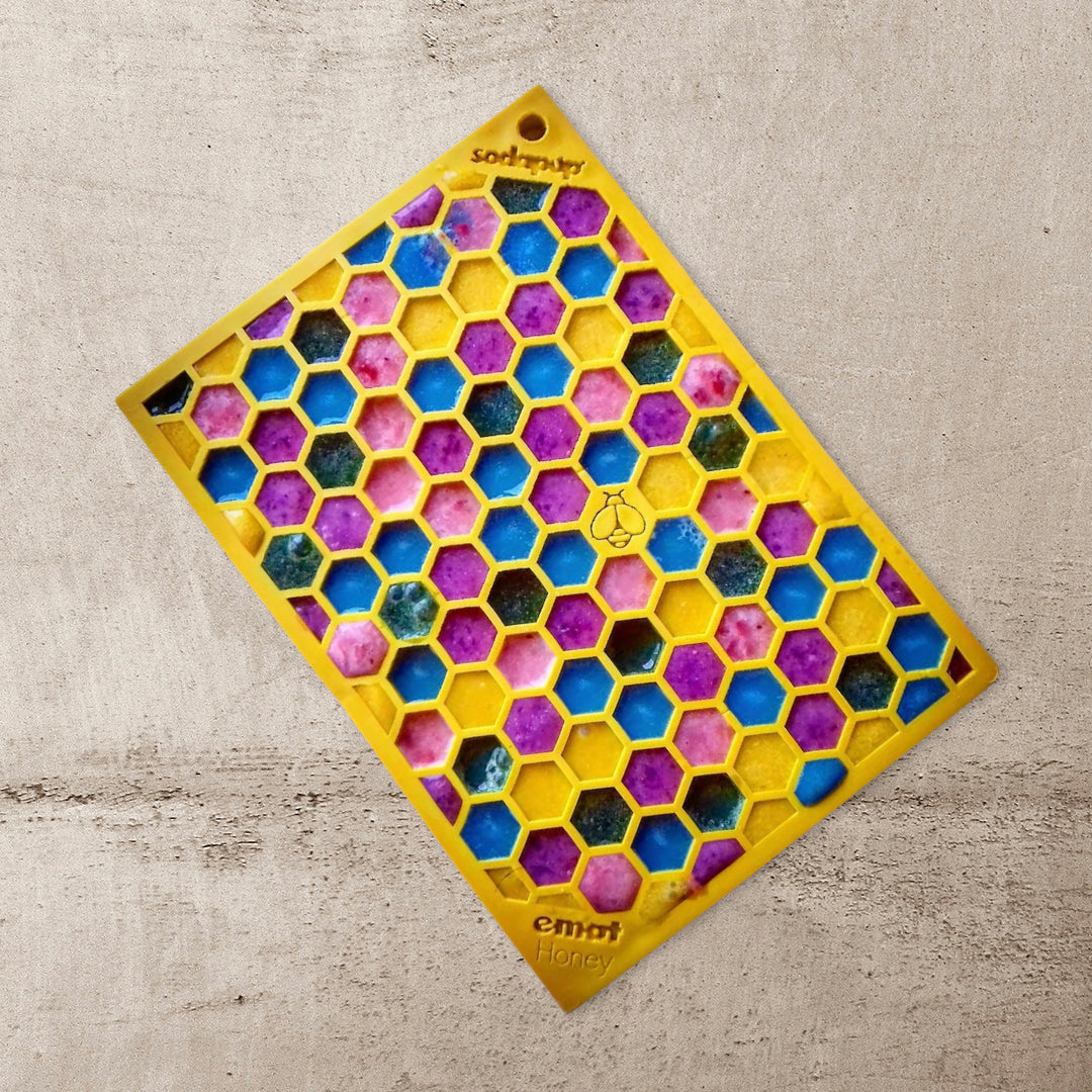 SodaPup TPE eMat Enrichment Lick Mat Honeycomb Yellow Small 5"