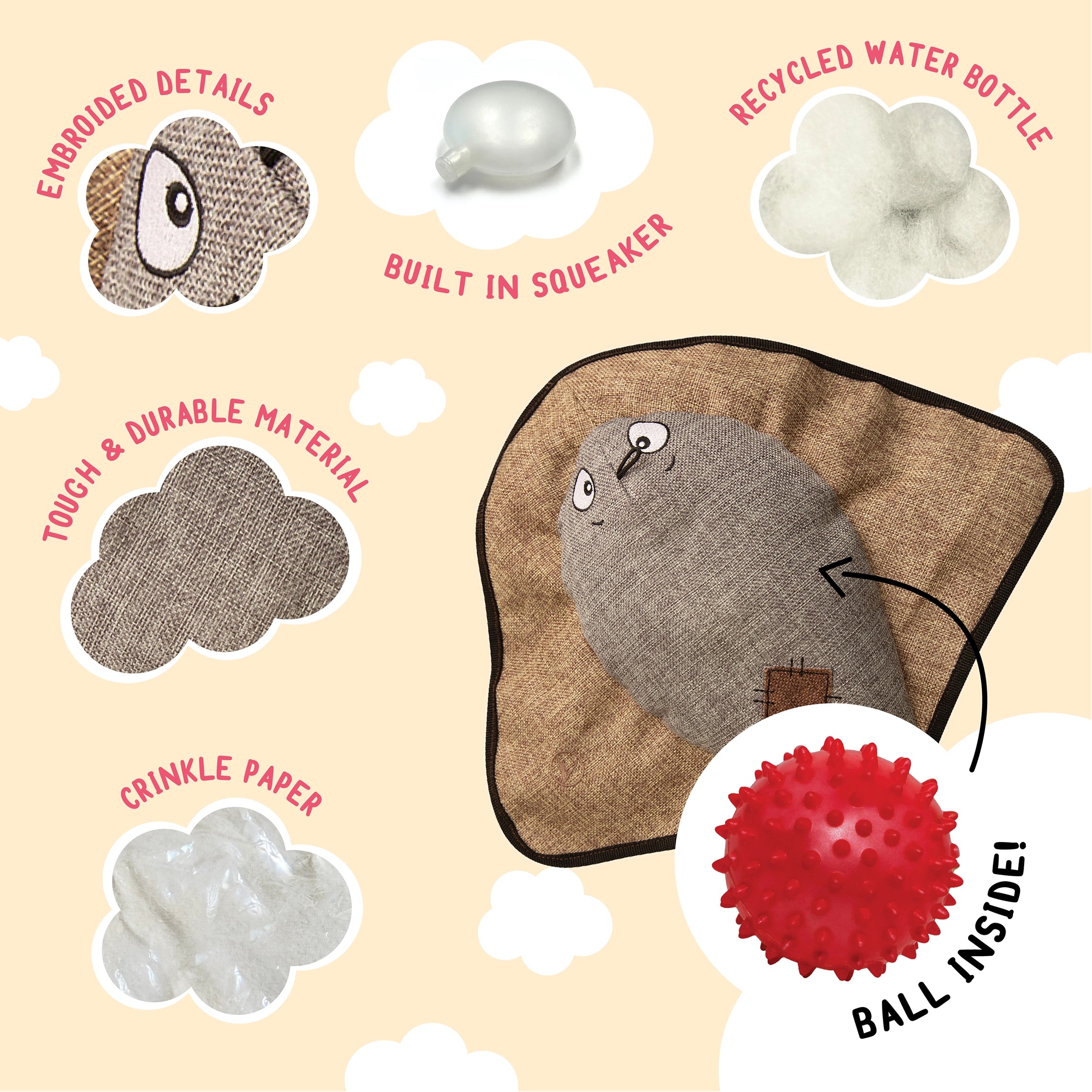 SnugArooz Sally the Stingray w/ Rubber Spikey Ball Plush Dog Toy 21"