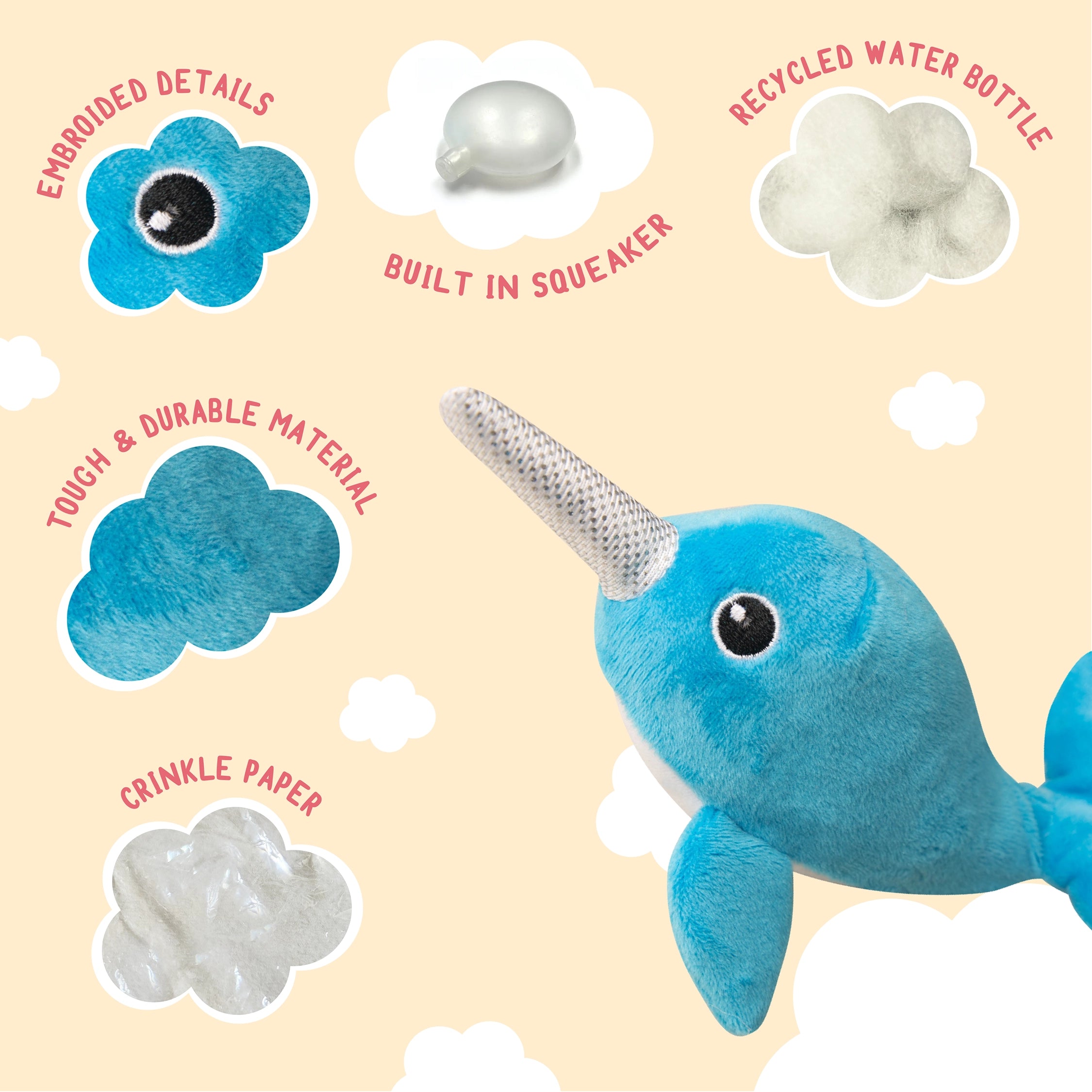 SnugArooz Baby Nikki the Narwhal Plush Dog Toy 5"