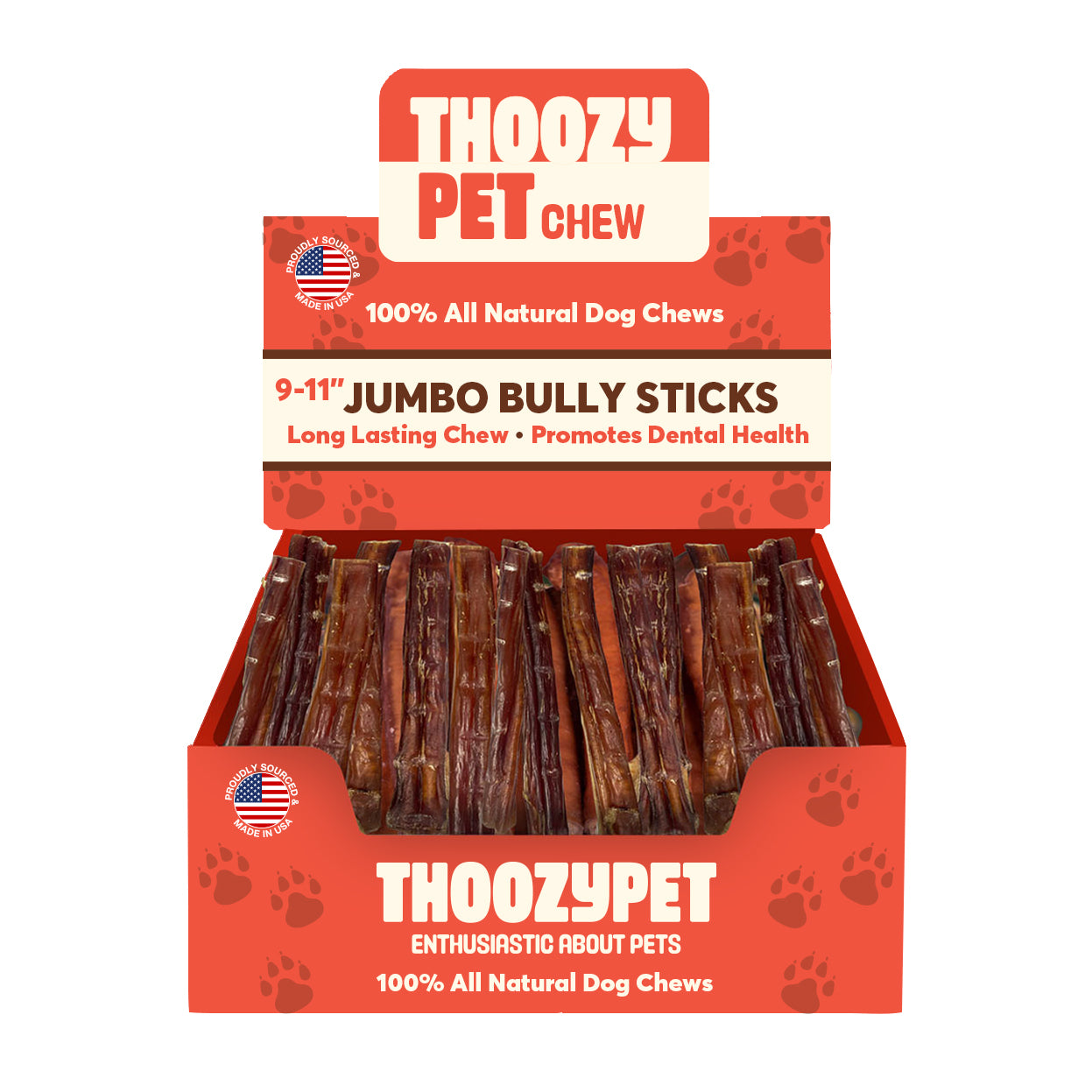 ThoozyPet USA-Sourced Jumbo Beef Bully Stick Dog Chews 9-11" 25ct