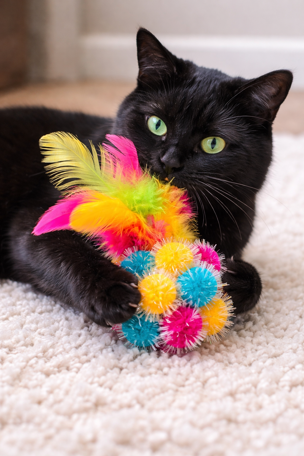 ThoozyPet Colorful Sparkle Pom Pom Ball with Feathers Cat Toy