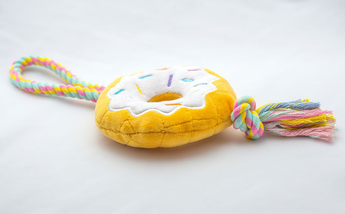 ThoozyPet Birthday Donut Plush Dog Toy with Rope 12"