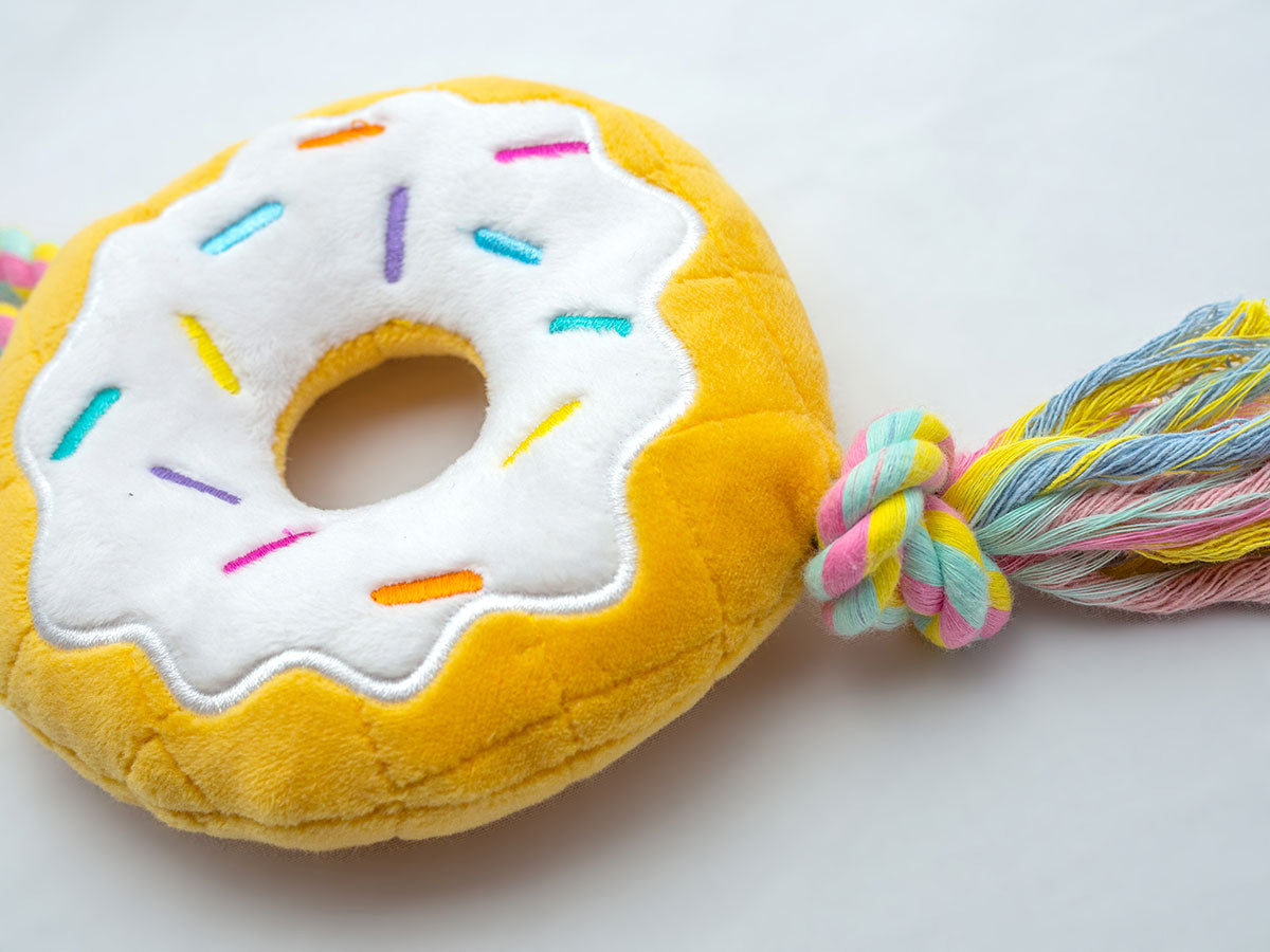 ThoozyPet Birthday Donut Plush Dog Toy with Rope 12"