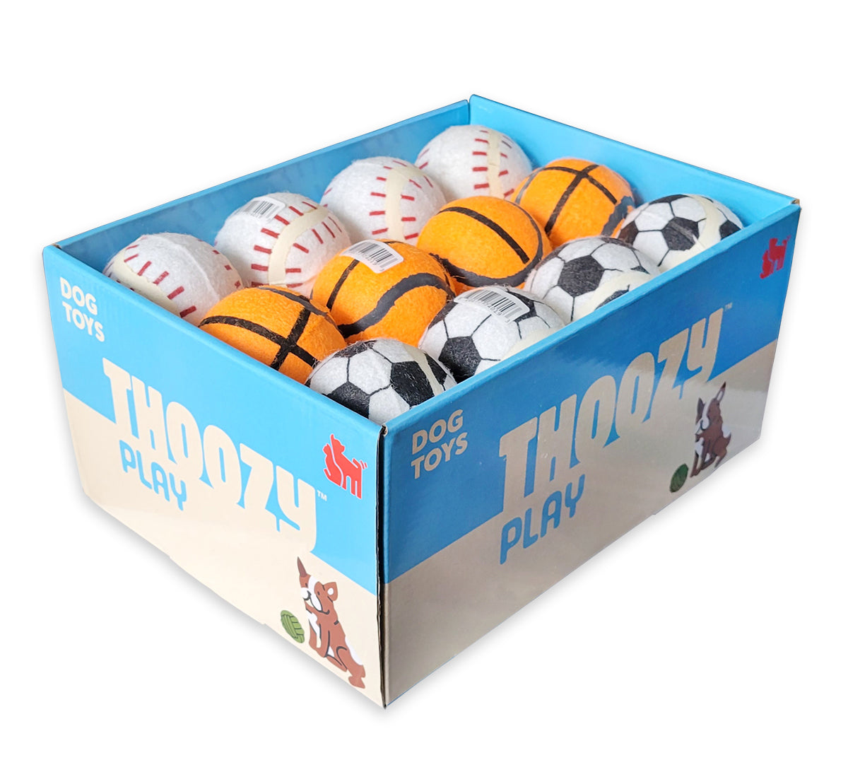 ThoozyPet 24PC PDQ - Tennis Ball Assorted (Baseball / Basketball / Soccer) Fetch Dog Toy 2.5"