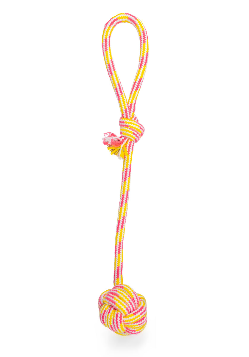 ThoozyPet Ball Tug Rope Dog Toy with Handle Yellow / Pink 17"