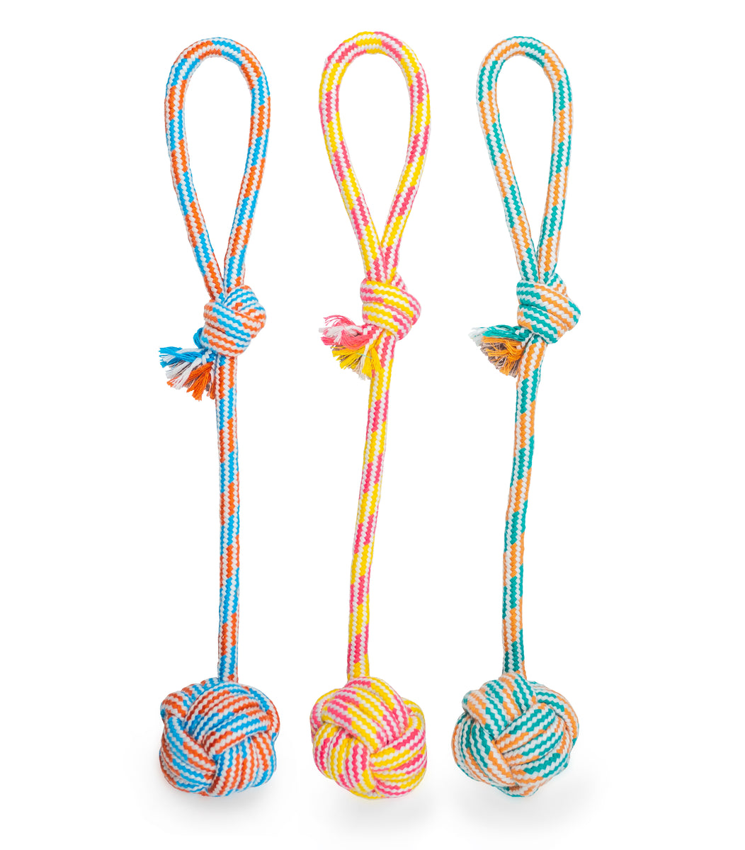 ThoozyPet Ball Tug Rope Dog Toy with Handle Yellow / Pink 17"