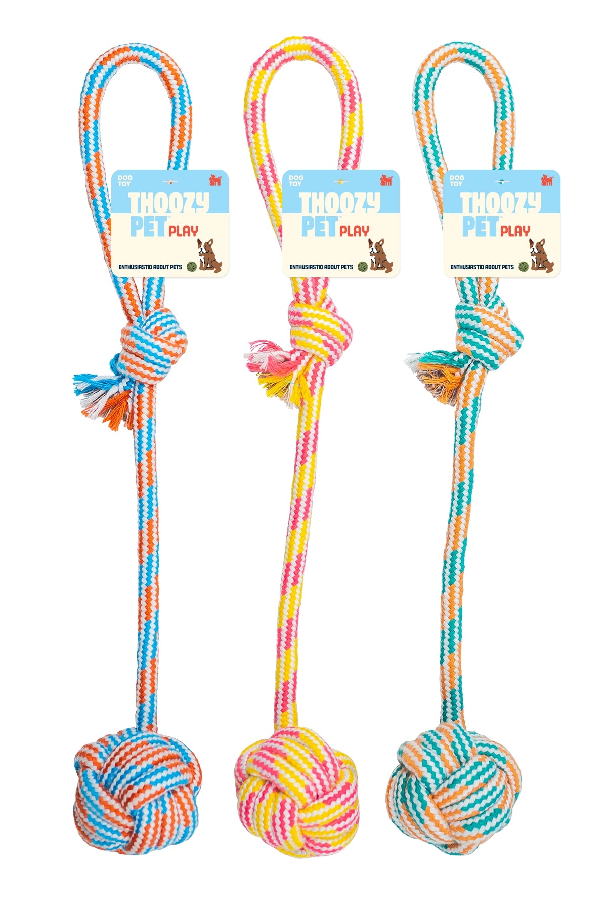 ThoozyPet Ball Tug Rope Dog Toy with Handle Yellow / Pink 17"