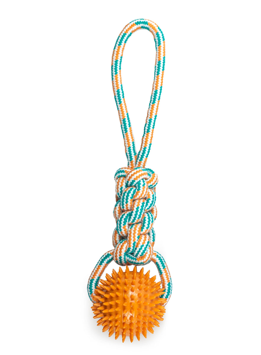 ThoozyPet Knotted Tug Rope Dog Toy with TPR Spike Ball Orange / Teal 16"