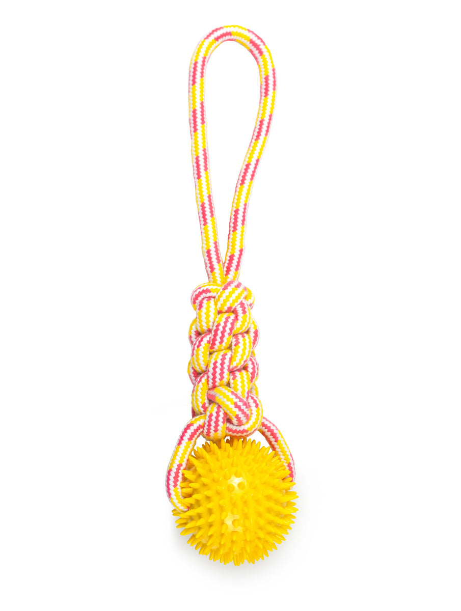 ThoozyPet Knotted Tug Rope Dog Toy with TPR Spike Ball Yellow / Pink 16"