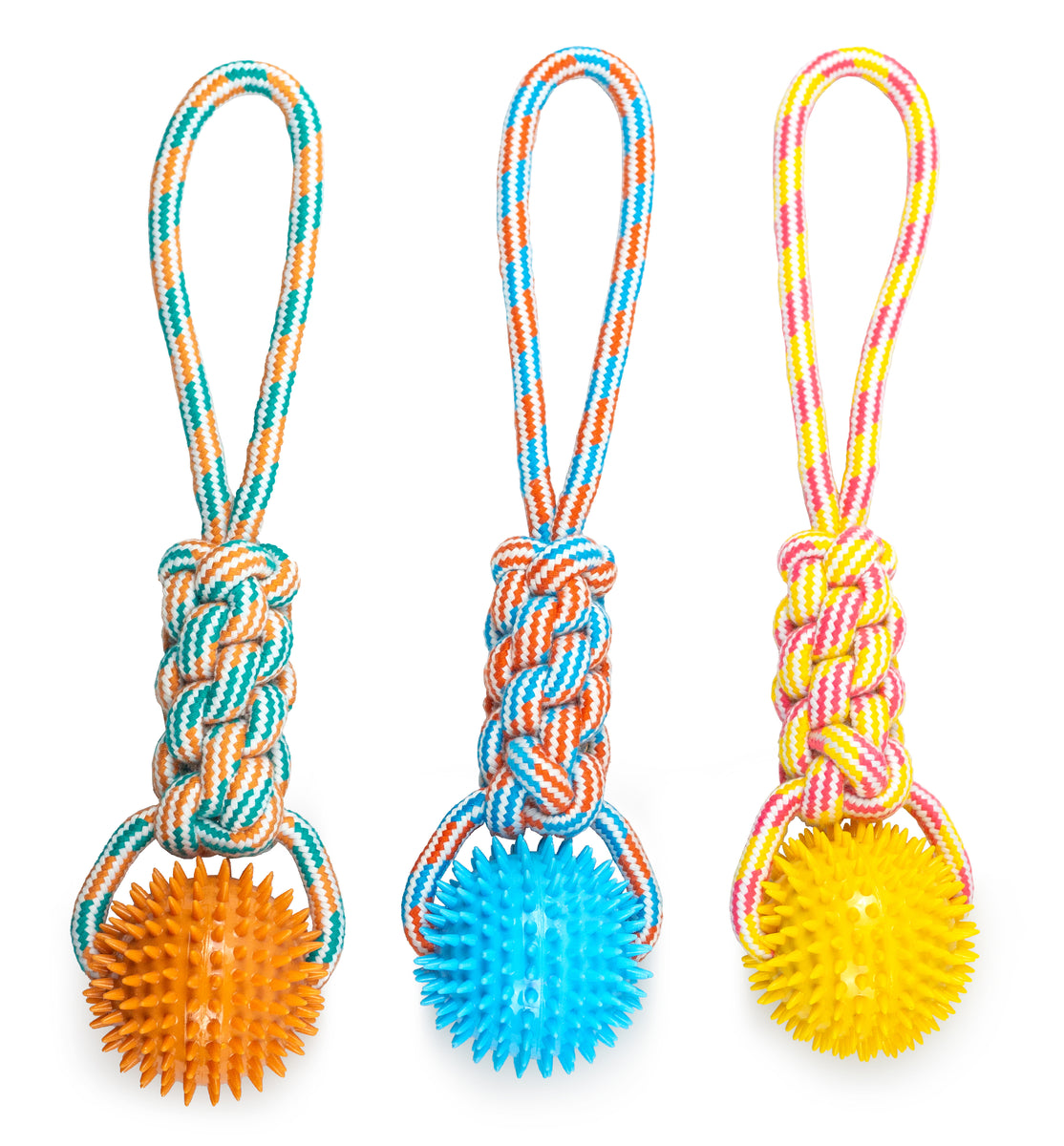 ThoozyPet Knotted Tug Rope Dog Toy with TPR Spike Ball Yellow / Pink 16"