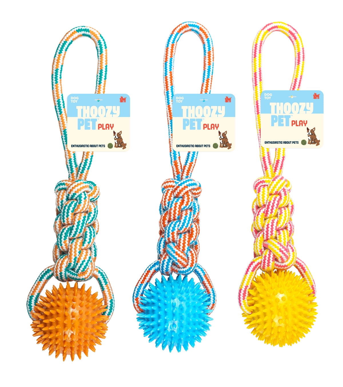 ThoozyPet Knotted Tug Rope Dog Toy with TPR Spike Ball Yellow / Pink 16"