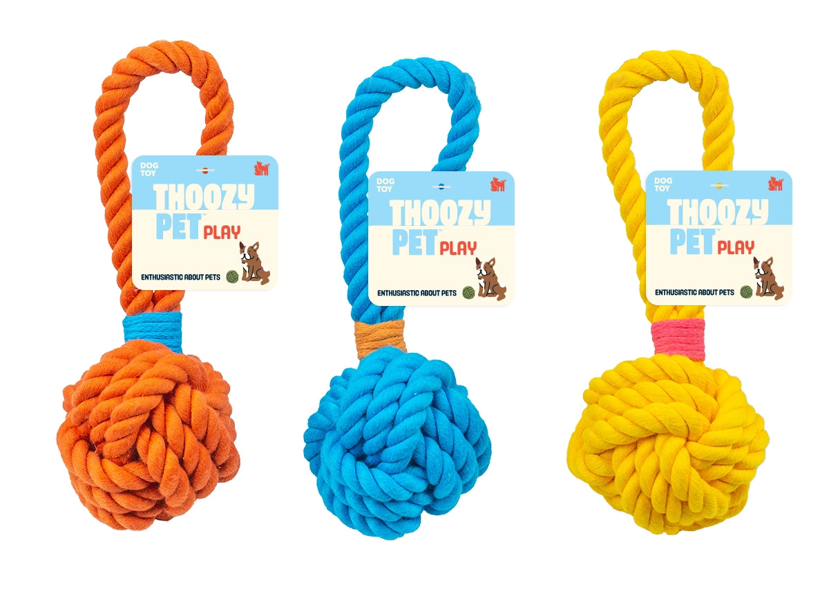 ThoozyPet Ball Tug Rope Dog Toy with Handle Yellow 3"