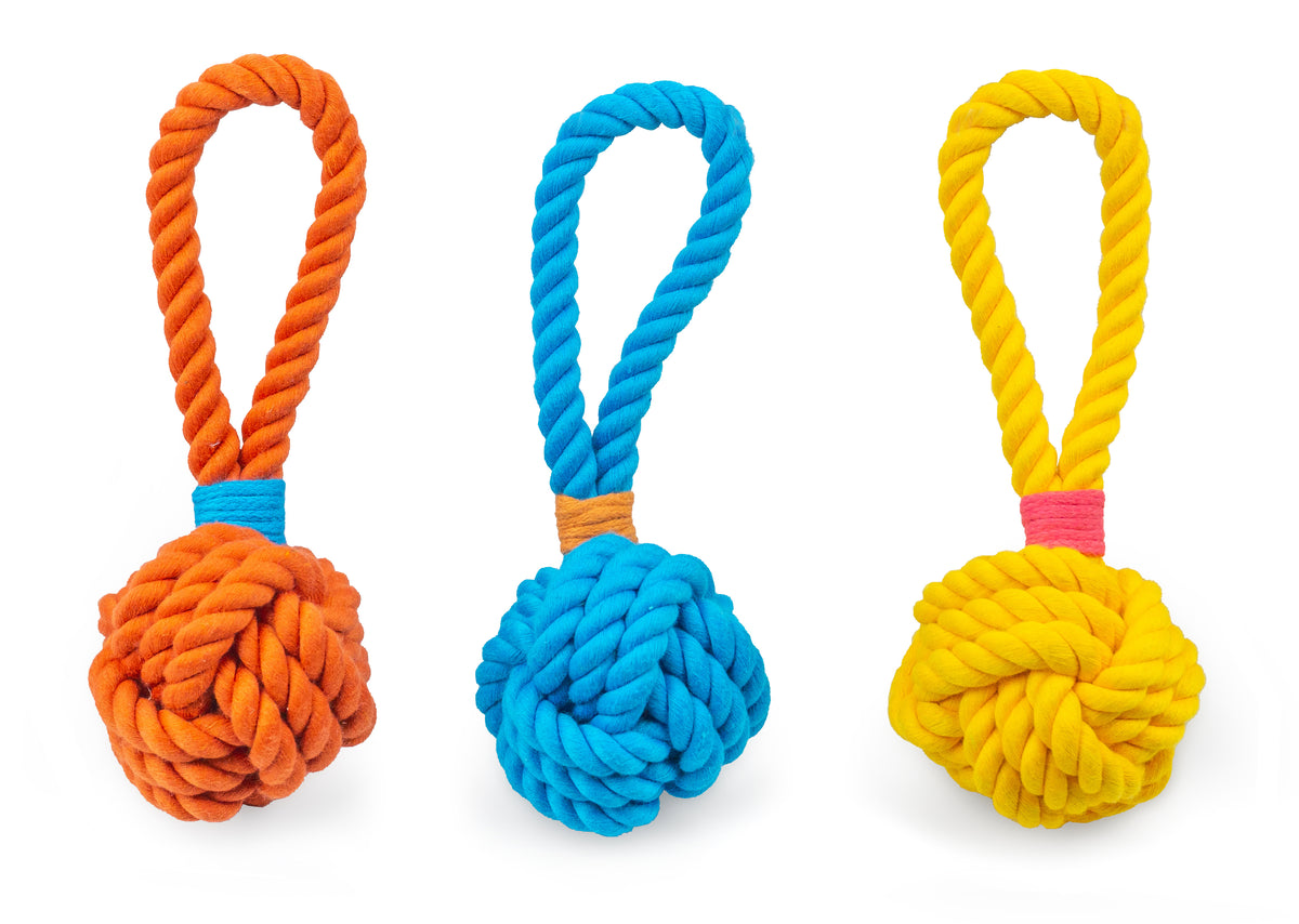 ThoozyPet Ball Tug Rope Dog Toy with Handle Blue 3"