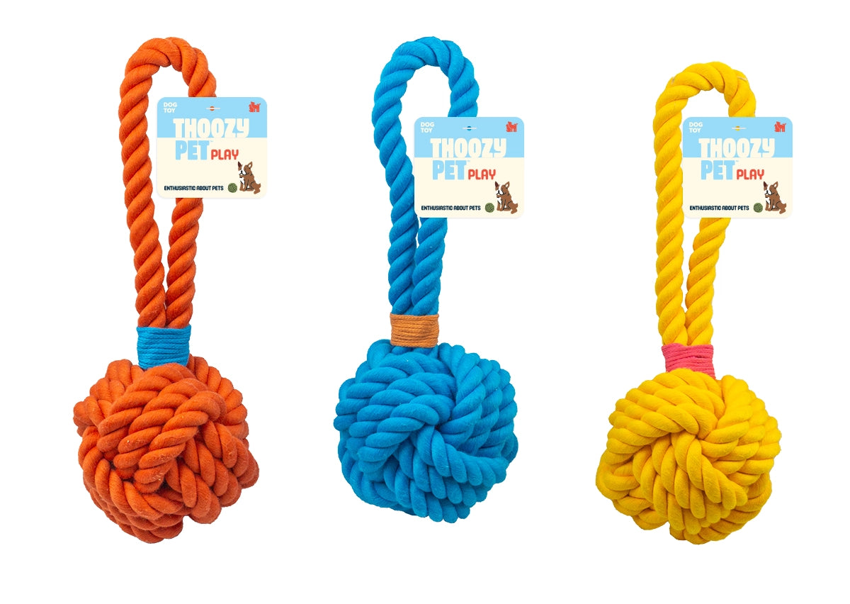 ThoozyPet Ball Tug Rope Dog Toy with Handle Orange 5"
