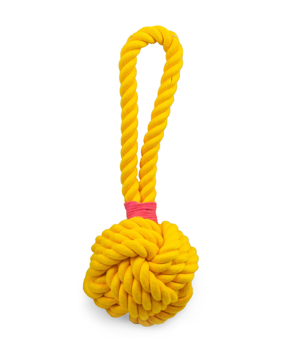ThoozyPet Ball Tug Rope Dog Toy with Handle Yellow 5"
