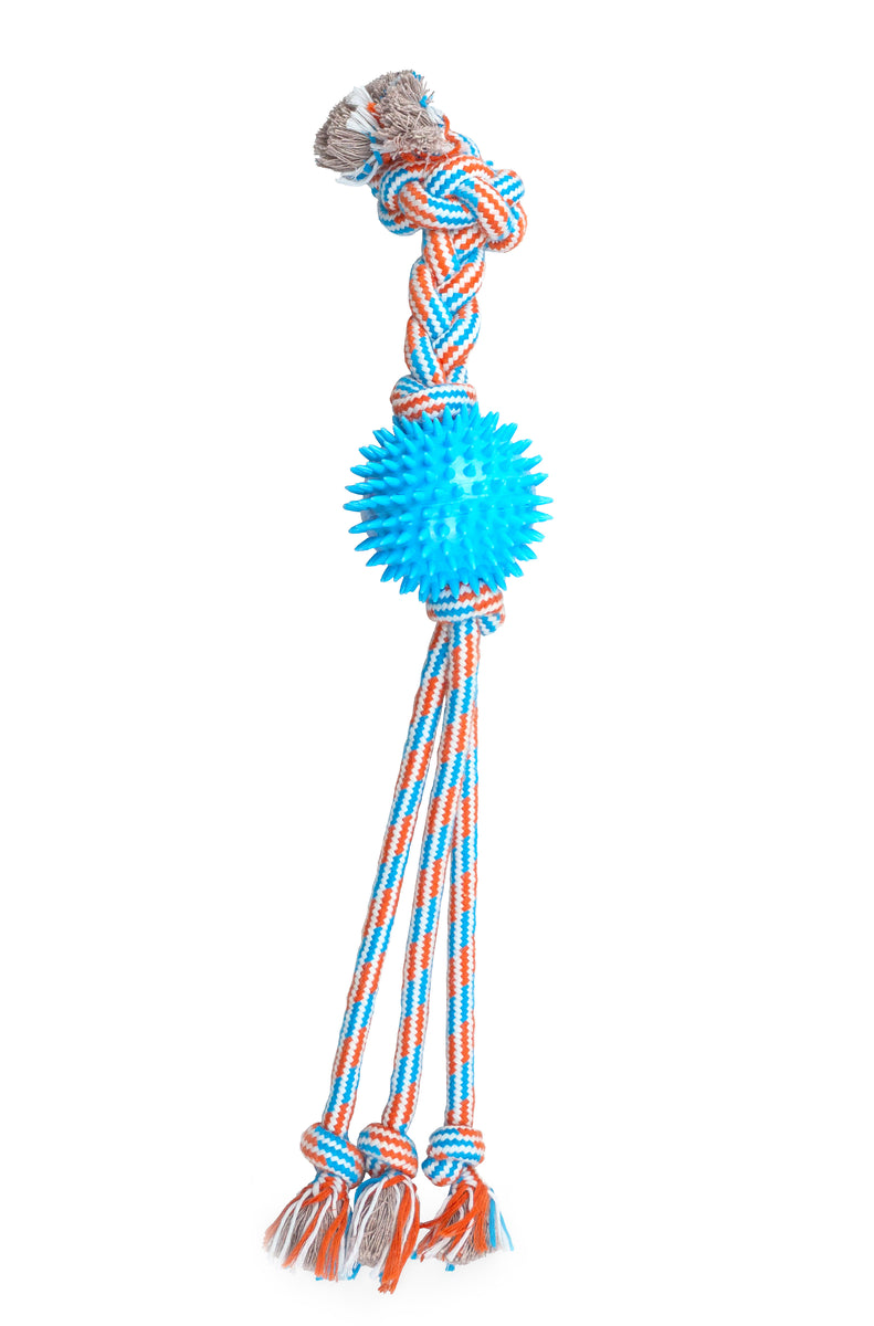 ThoozyPet Squid Tails Tug Rope Dog Toy with TPR Spike Ball Blue / Red 22"