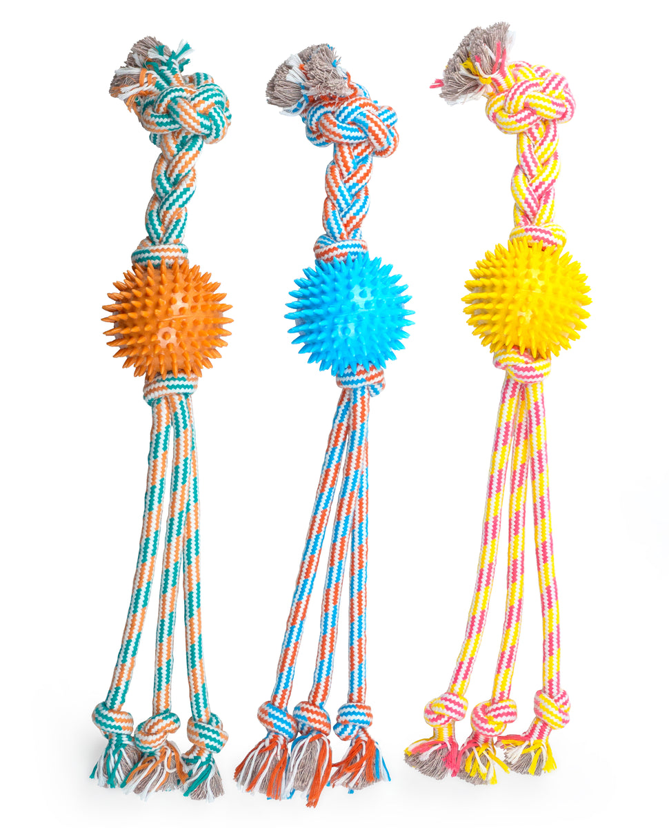 ThoozyPet Squid Tails Tug Rope Dog Toy with TPR Spike Ball Yellow / Pink 22"