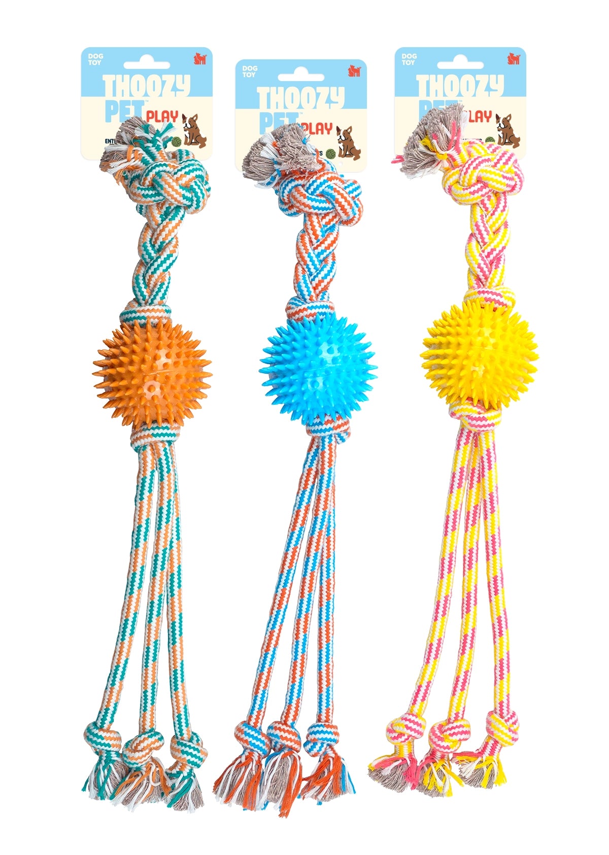 ThoozyPet Squid Tails Tug Rope Dog Toy with TPR Spike Ball Yellow / Pink 22"