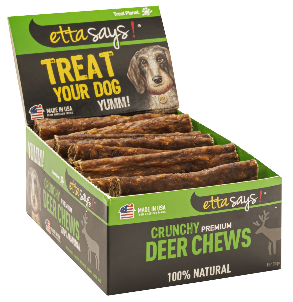 Etta Says! Crunchy Deer Dog Chews 4in Sticks POS Display Box 36ct
