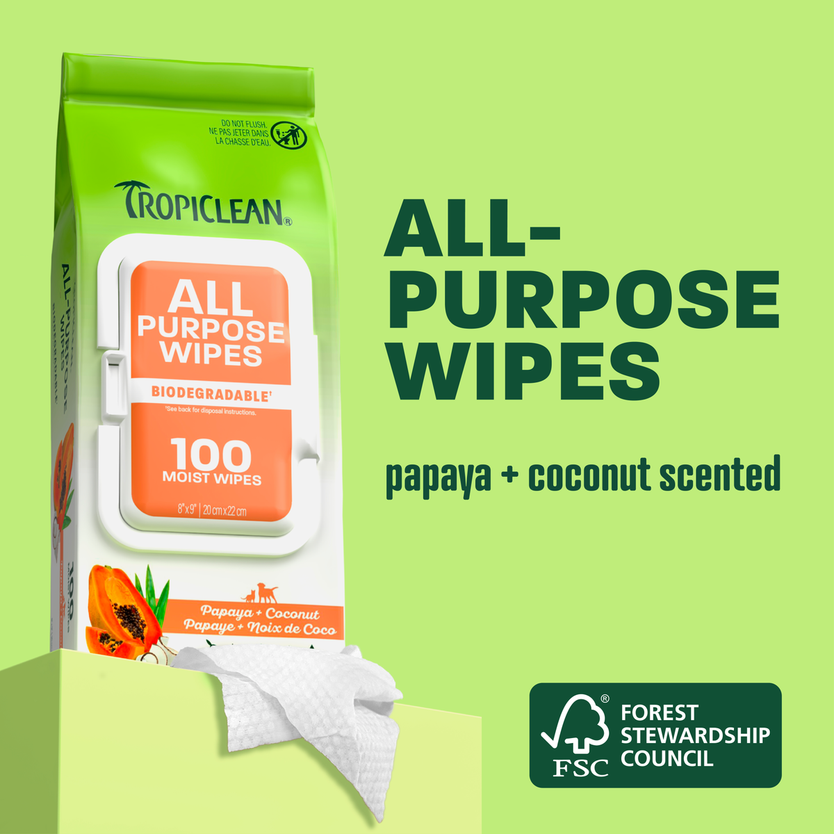 TropiClean Papaya + Coconut All Purpose Pet Wipes, 100ct