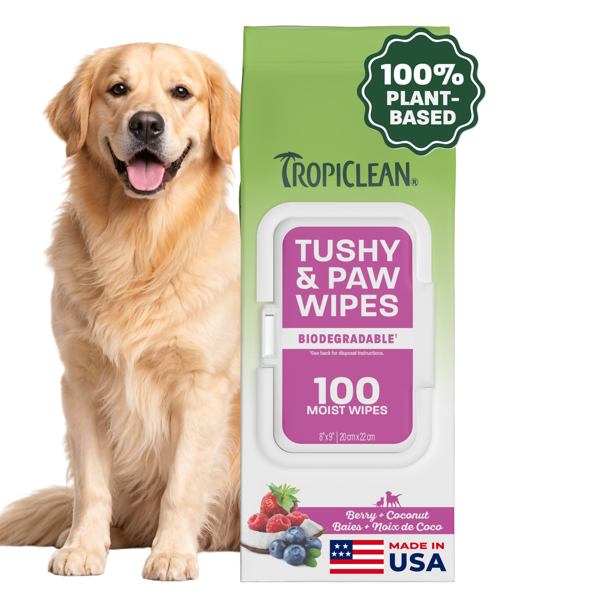 TropiClean Berry + Coconut Tushy & Paw Wipes, 100ct